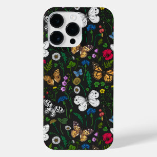 Wild flowers and butterflies on black iPhone 14 pro max case