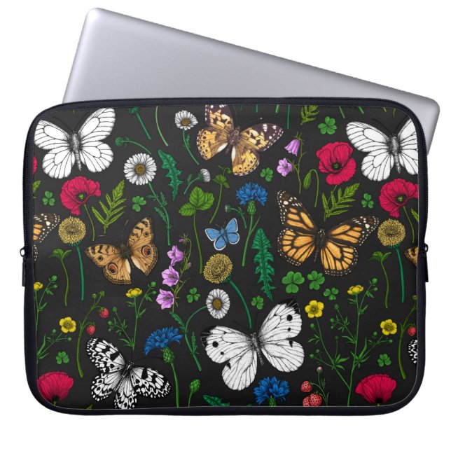 Wild flowers and butterflies on black laptop sleeve (Front)