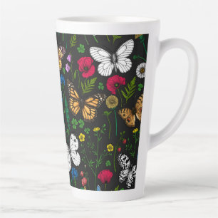 Wild flowers and butterflies on black latte mug