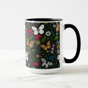 Wild flowers and butterflies on black mug