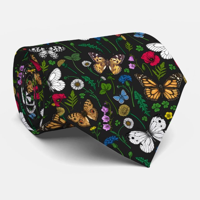 Wild flowers and butterflies on black neck tie (Rolled)