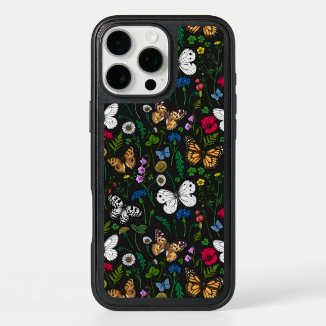 Wild flowers and butterflies on black otterbox iPhone case (Back)