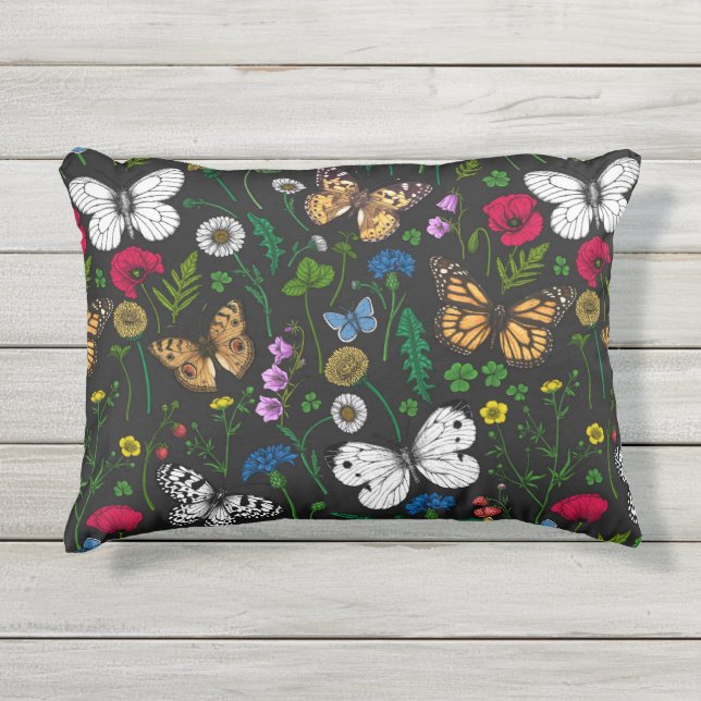 Wild flowers and butterflies on black outdoor pillow (Front)