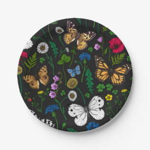 Wild flowers and butterflies on black paper plates