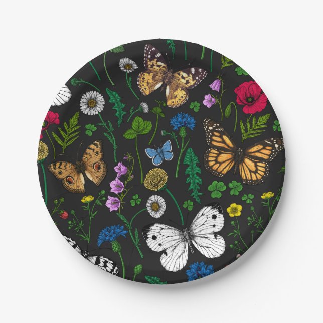 Wild flowers and butterflies on black paper plates (Front)