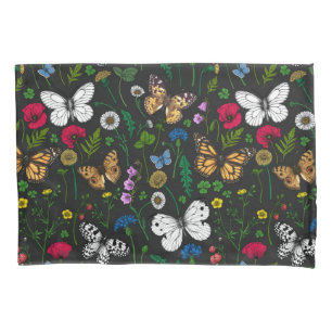 Wild flowers and butterflies on black pillow case