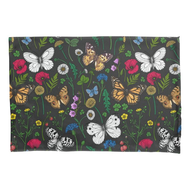 Wild flowers and butterflies on black pillow case (Front-Left)