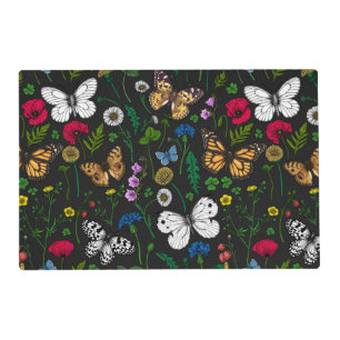Wild flowers and butterflies on black placemat