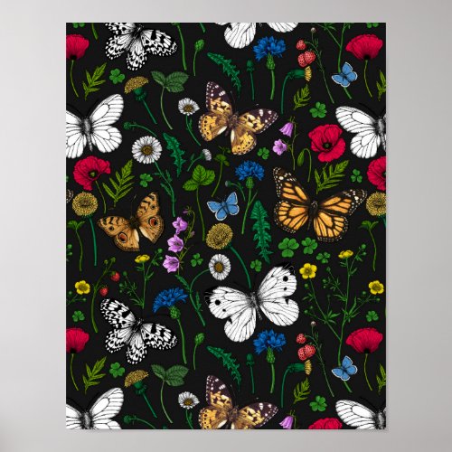 Wild flowers and butterflies on black poster