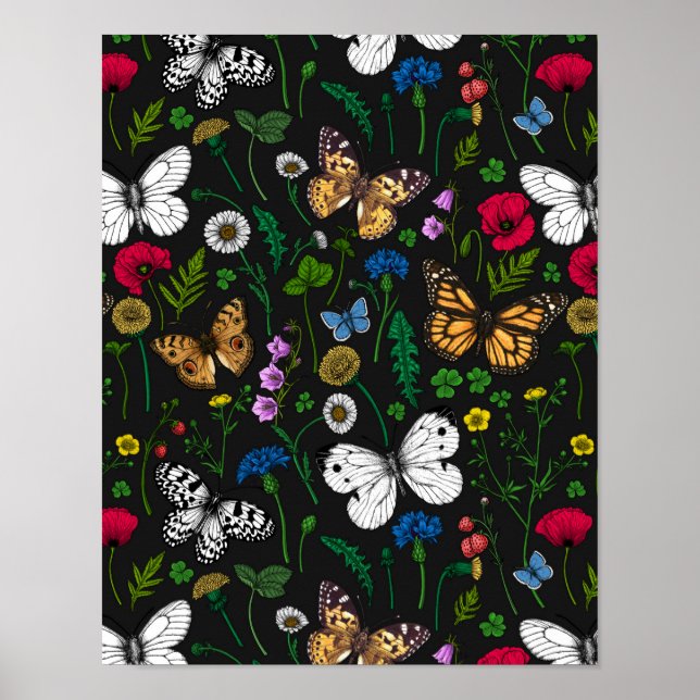 Wild flowers and butterflies on black poster (Front)