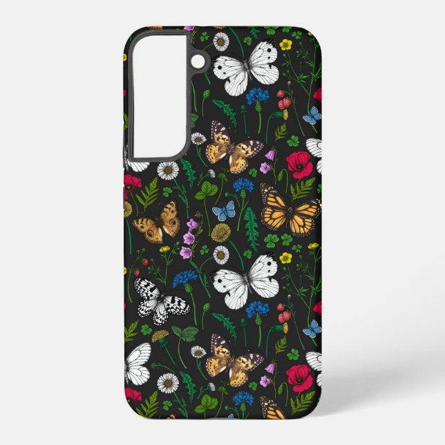 Wild flowers and butterflies on black samsung galaxy case (Back)