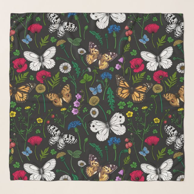 Wild flowers and butterflies on black scarf (Front)
