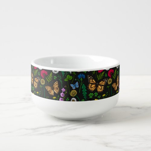 Wild flowers and butterflies on black soup mug