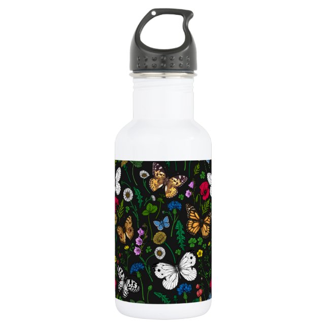 Wild flowers and butterflies on black stainless steel water bottle (Front)