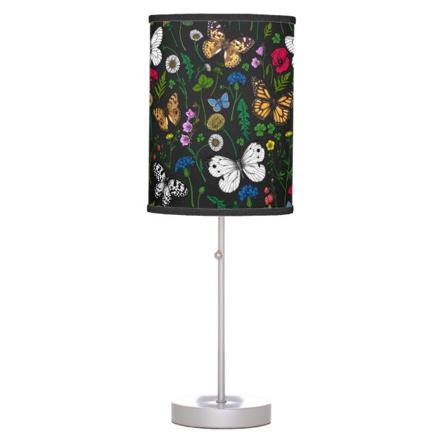 Wild flowers and butterflies on black table lamp (Front)