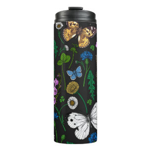 Wild flowers and butterflies on black thermal tumbler