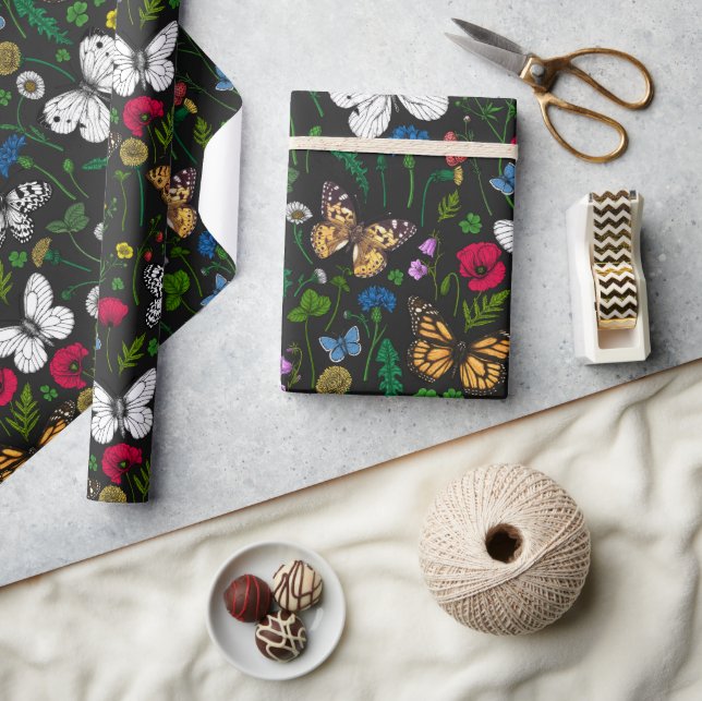 Wild flowers and butterflies on black wrapping paper (Crafts)