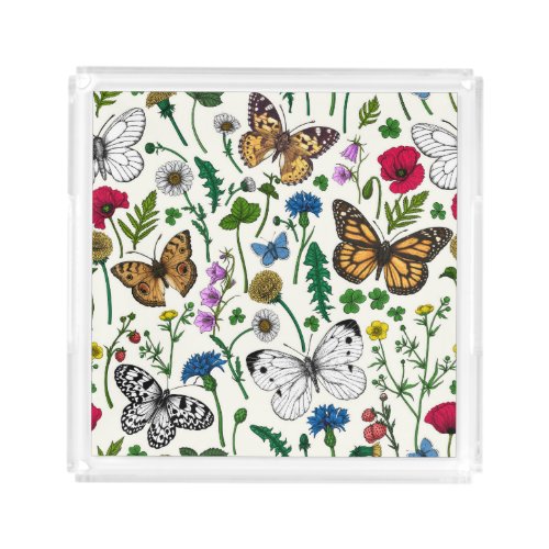 Wild flowers and butterflies on white acrylic tray