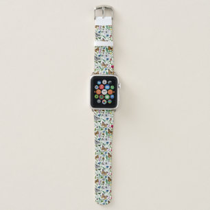 Wild flowers and butterflies on white apple watch band