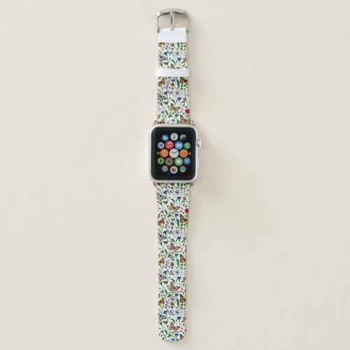Wild flowers and butterflies on white apple watch band