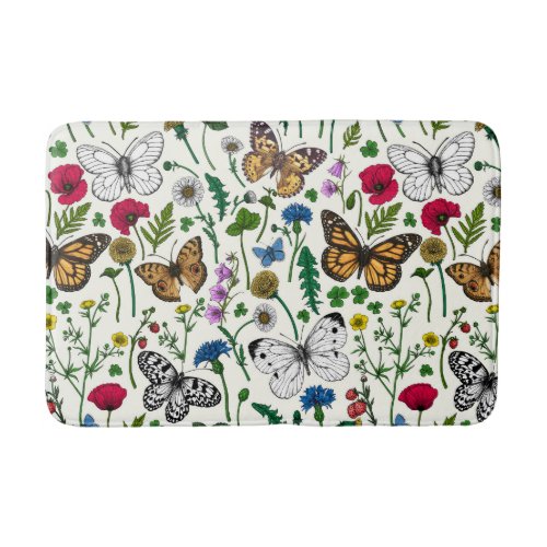 Wild flowers and butterflies on white bath mat