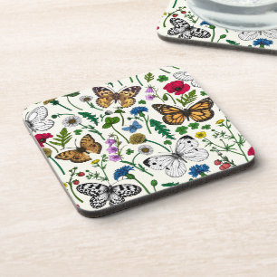 Wild flowers and butterflies on white beverage coaster