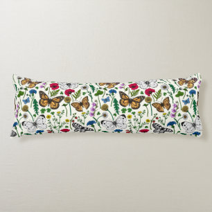 Wild flowers and butterflies on white body pillow