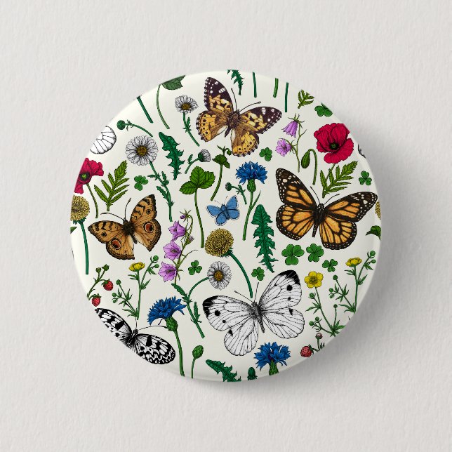 Wild flowers and butterflies on white button (Front)