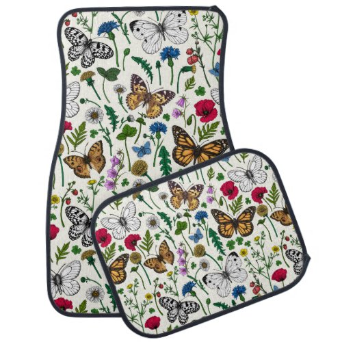 Wild flowers and butterflies on white car floor mat