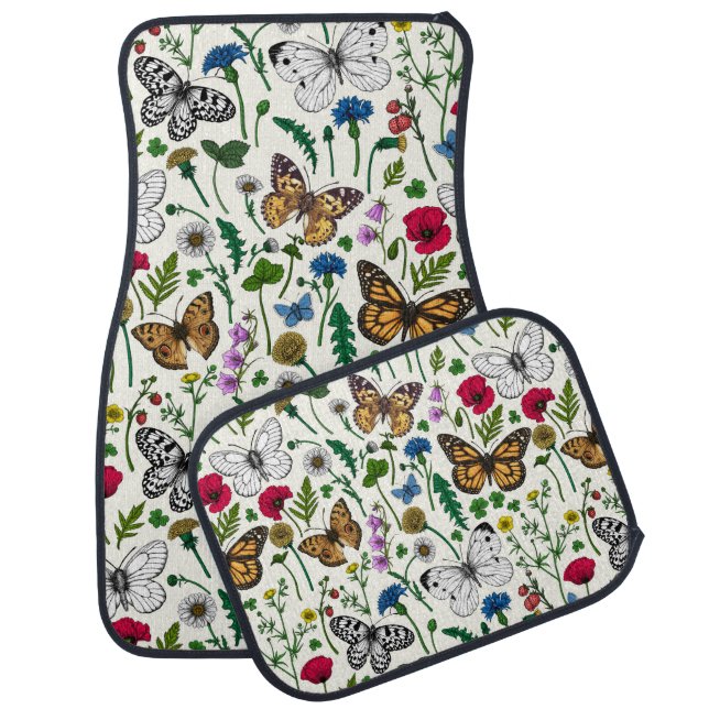 Wild flowers and butterflies on white car floor mat (Set)