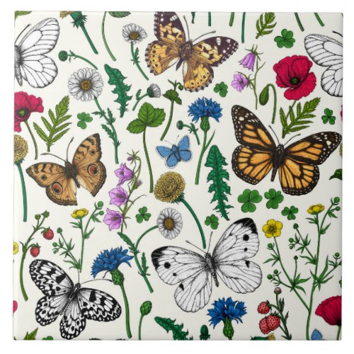 Wild flowers and butterflies on white ceramic tile