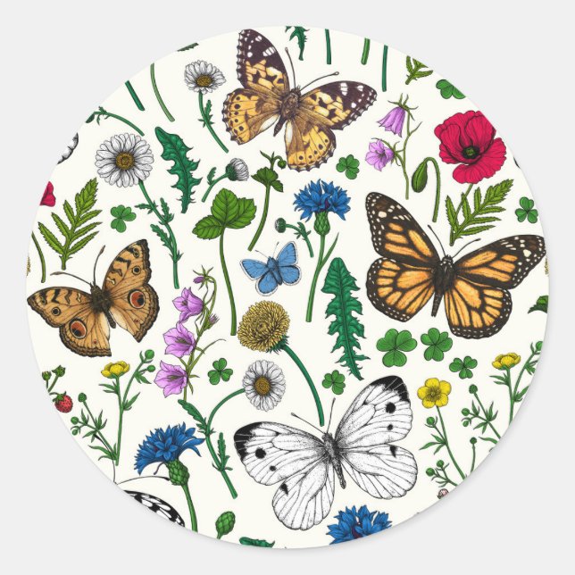 Wild flowers and butterflies on white classic round sticker (Front)