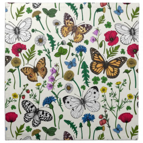 Wild flowers and butterflies on white cloth napkin