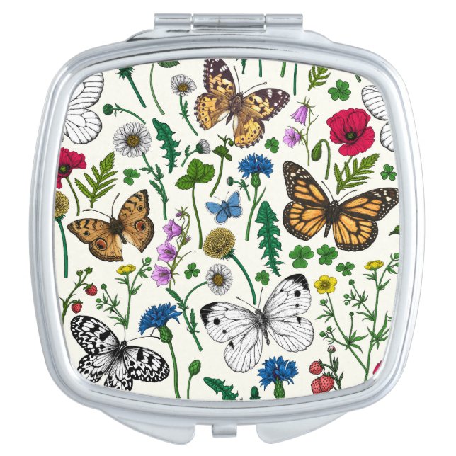 Wild flowers and butterflies on white compact mirror (Front)