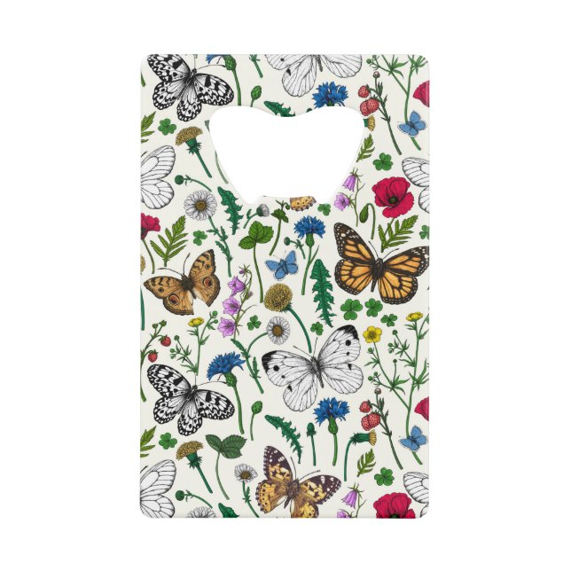 Wild flowers and butterflies on white credit card bottle opener (Front)