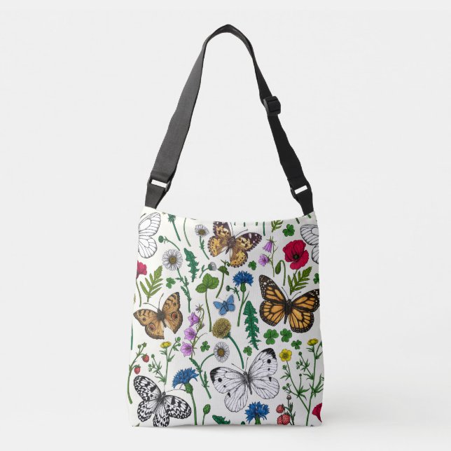 Wild flowers and butterflies on white crossbody bag (Front)