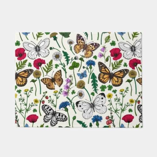 Wild flowers and butterflies on white doormat