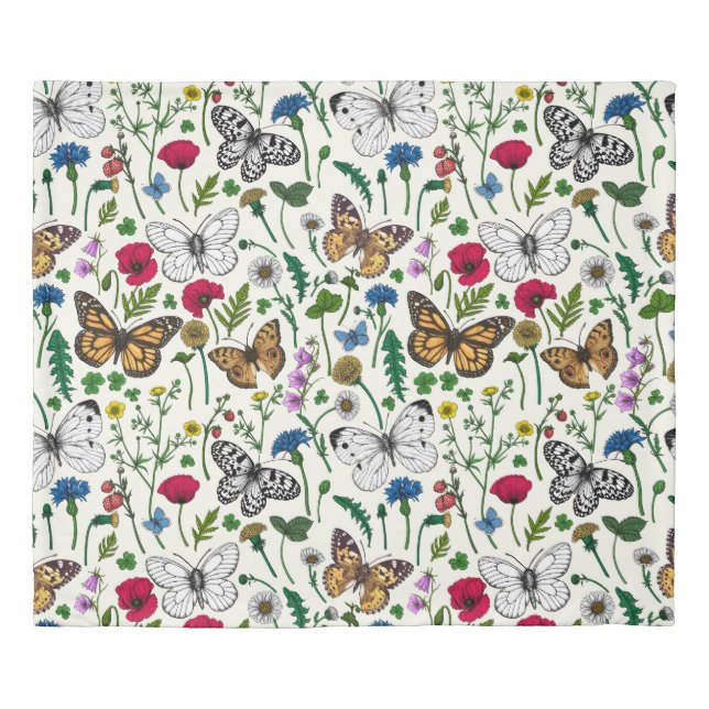 Wild flowers and butterflies on white duvet cover (Front)