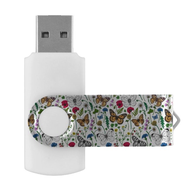 Wild flowers and butterflies on white flash drive (Opened)
