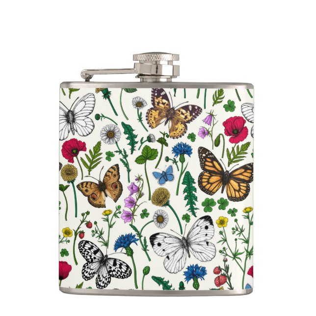 Wild flowers and butterflies on white flask (Front)