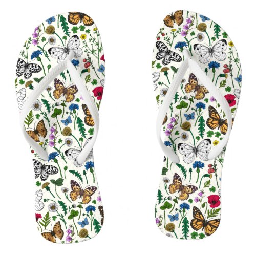 Wild flowers and butterflies on white flip flops