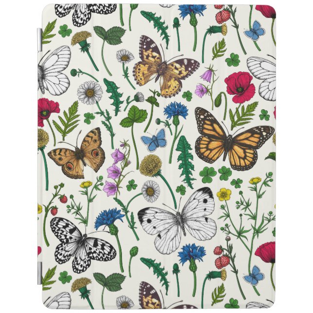 Wild flowers and butterflies on white iPad smart cover (Front)