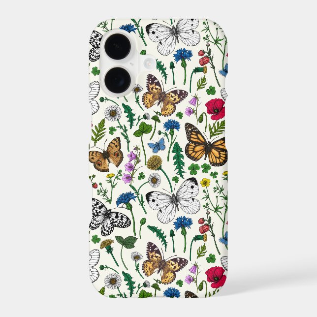 Wild flowers and butterflies on white iPhone case (Back)