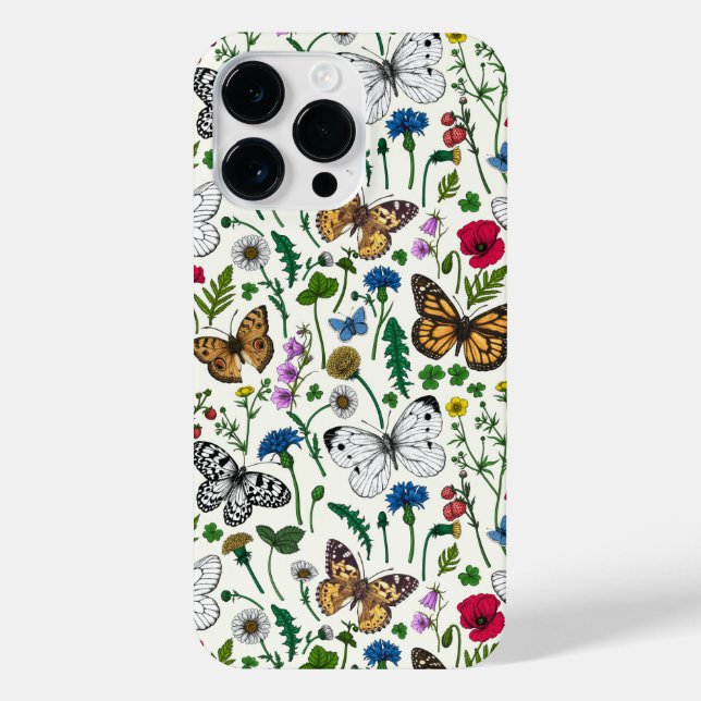 Wild flowers and butterflies on white iPhone case (Back)