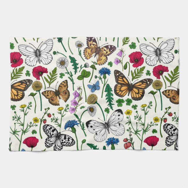 Wild flowers and butterflies on white kitchen towel (Horizontal)
