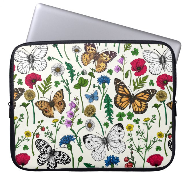 Wild flowers and butterflies on white laptop sleeve (Front)
