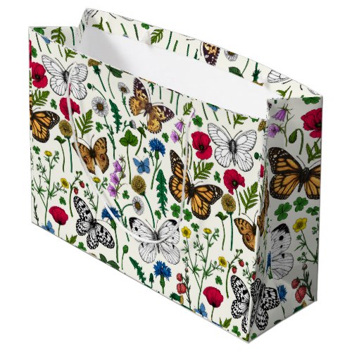 Wild flowers and butterflies on white large gift bag