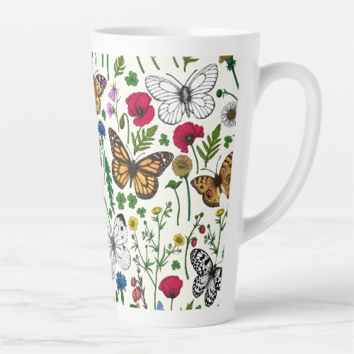 Wild flowers and butterflies on white latte mug
