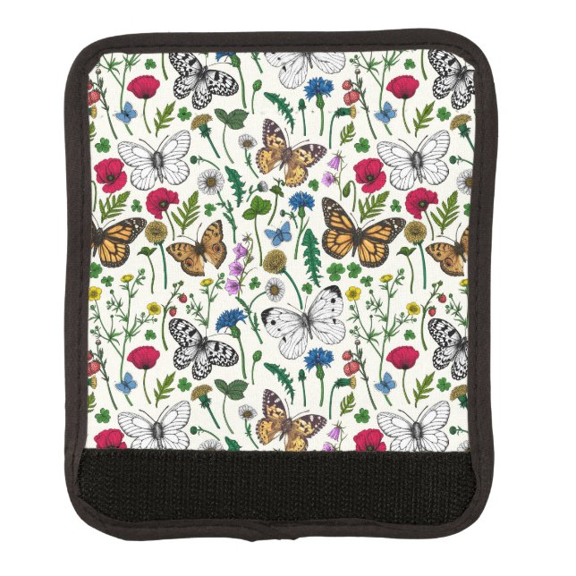 Wild flowers and butterflies on white luggage handle wrap (Front)
