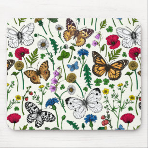 Wild flowers and butterflies on white mouse pad